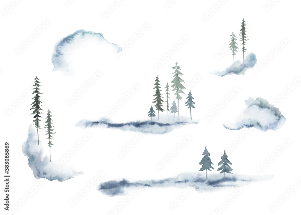 Watercolor vector set of forest winter landscapes.