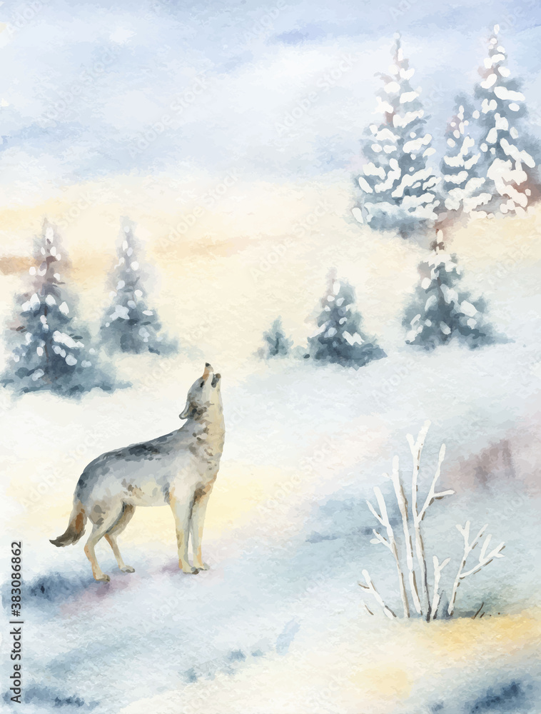 Watercolor vector Christmas card with wolf and landscape.