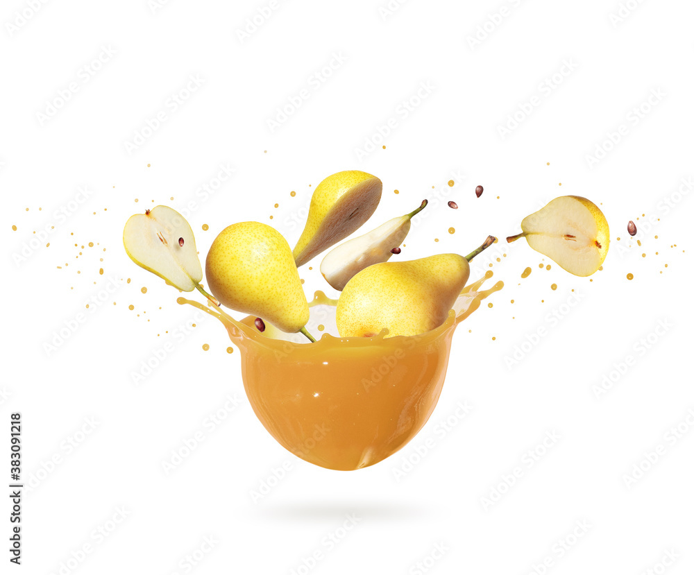 Sliced pears with splash of fresh juice on a white background