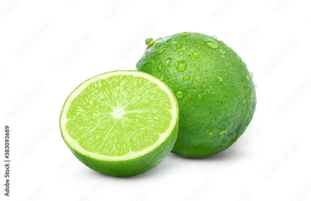 Fresh lime with sliced and water droplets isolated on white background.