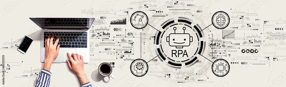 Robotic Process Automation RPA theme with person using a laptop computer