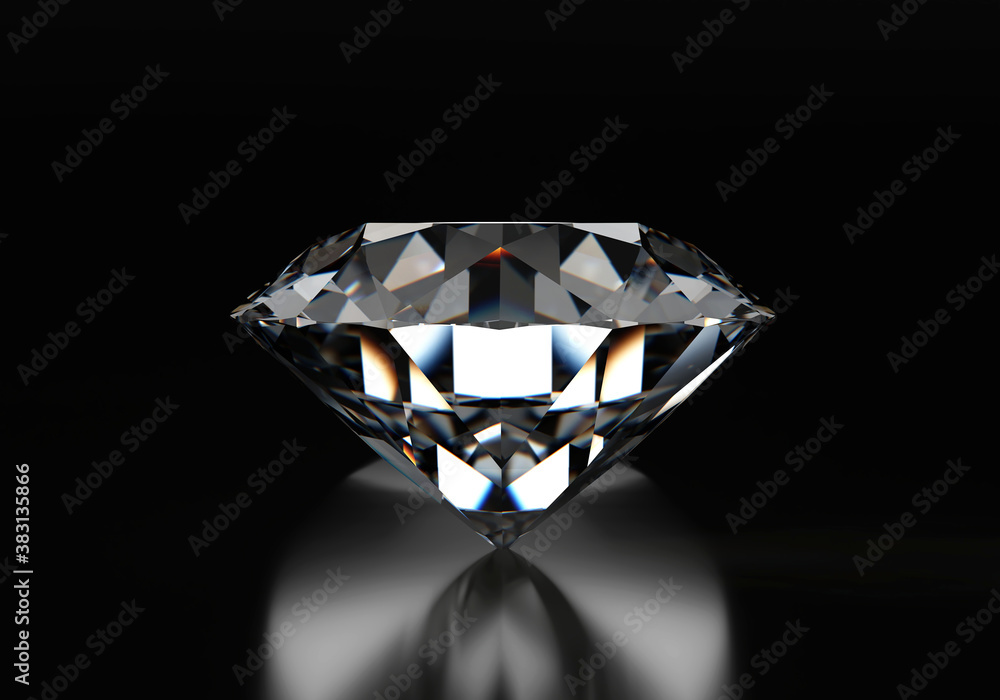 Round Diamond isolated on black Reflection background, 3d illustration.