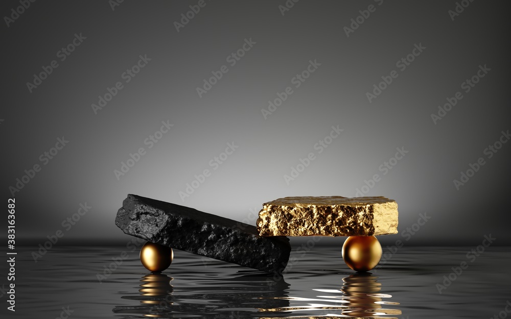 3d render, abstract modern minimal background with black and gold cobblestones, golden balls and ref