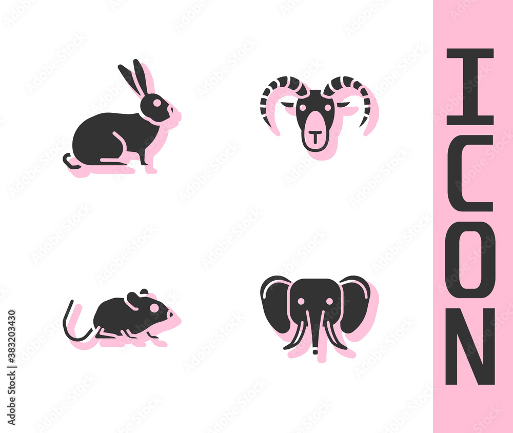 Set Elephant, Rabbit, Rat and Head of goat or ram icon. Vector.