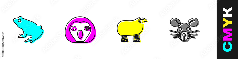 Set Frog, Owl bird, Sheep and Rat head icon. Vector.