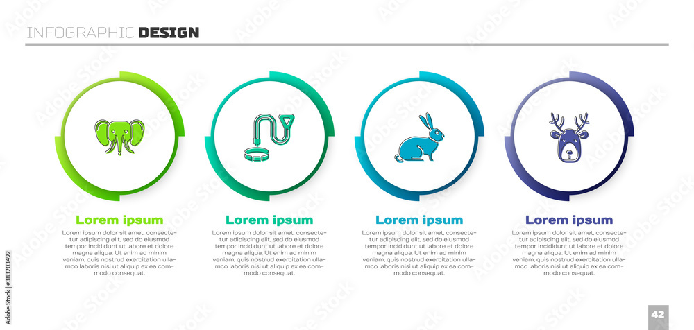 设置大象，带名牌的项圈，兔子和鹿角。商业信息图模板。Vec