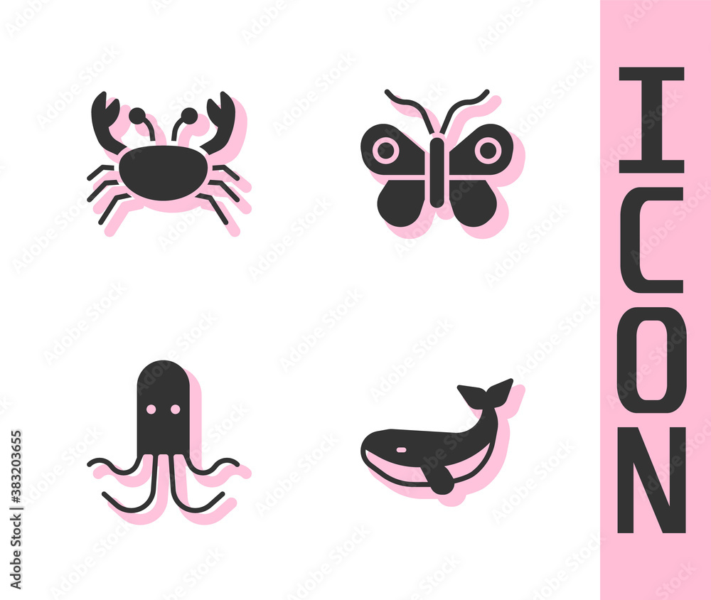 Set Whale, Crab, Octopus and Butterfly icon. Vector illustration