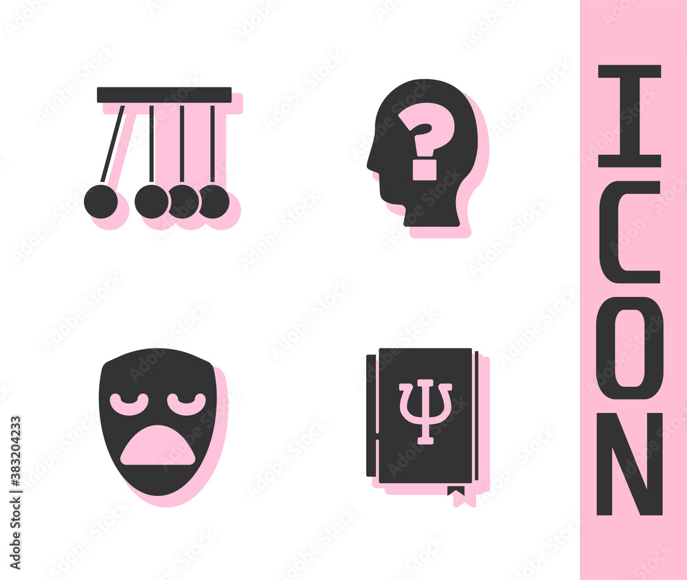 Set Psychology book, Psi, Pendulum, Drama theatrical mask and Head with question mark icon. Vector.