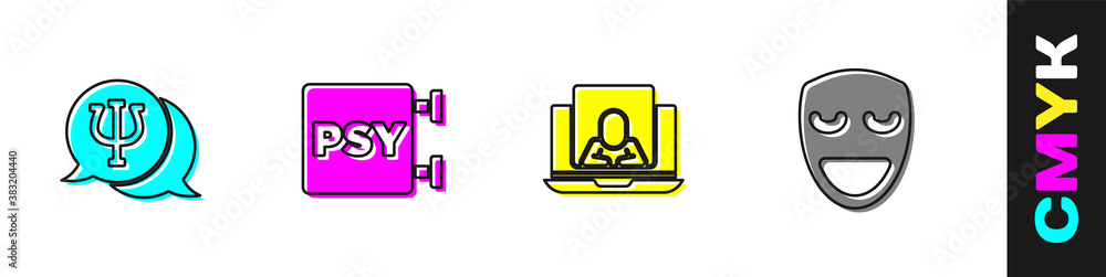 设置心理学、心理学、在线心理学家和喜剧戏剧面具图标。矢量。