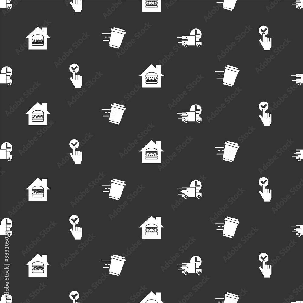 Set Fast delivery by car, Online ordering and, and Coffee cup to go on seamless pattern. Vector.