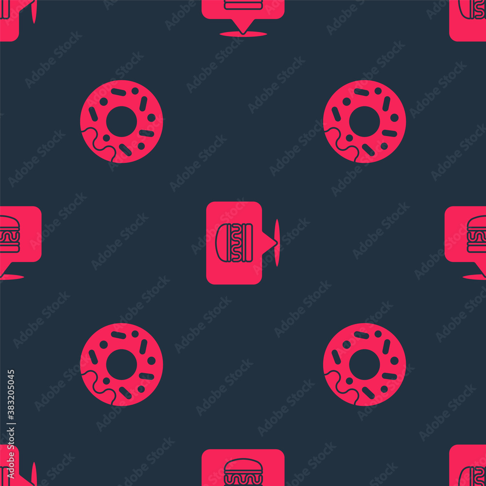 Set Donut and Online ordering burger delivery on seamless pattern. Vector.