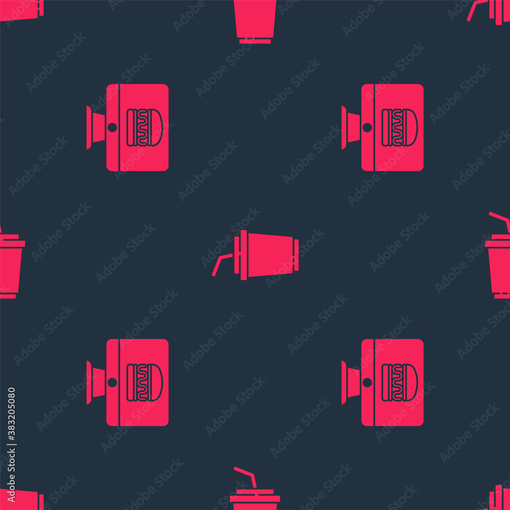 Set Online ordering and delivery and Paper glass with water on seamless pattern. Vector.