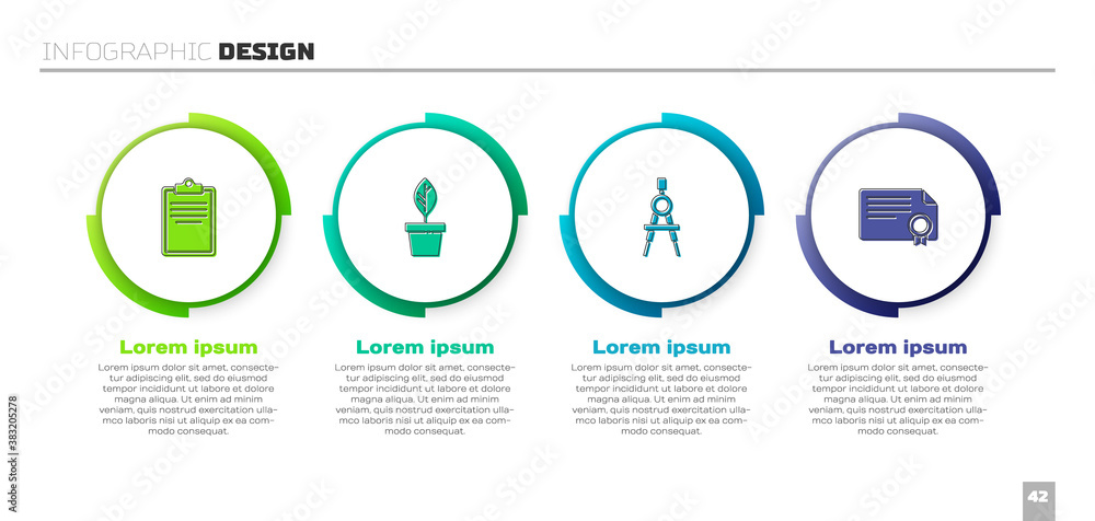 Set Clipboard with checklist, Plant in pot, Drawing compass and Certificate template. Business infog