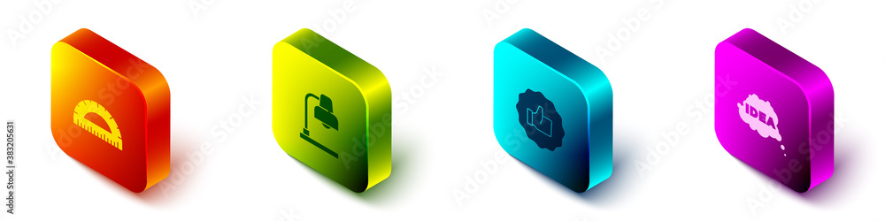 Set Isometric Protractor, Table lamp, Hand thumb up and Idea, speech bubble icon. Vector.