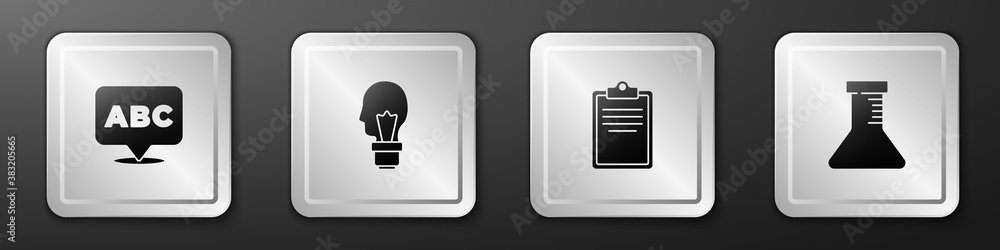 Set Alphabet, Light bulb with concept of idea, Clipboard checklist and Test tube and flask icon. Sil