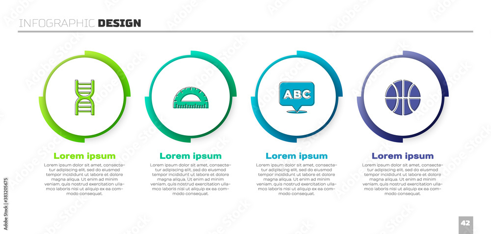设置DNA符号、Protractor、字母表和篮球。商业信息图模板。矢量。