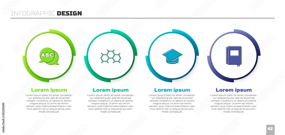 设置字母表，化学配方，毕业帽和书本。商业信息图模板。矢量。
