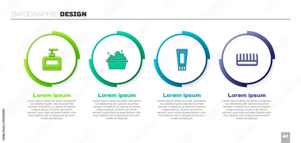 Set Bottle of shampoo, Basin with soap suds, Tube toothpaste and Hairbrush. Business infographic tem