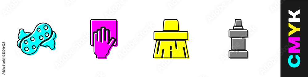 Set Sponge, Cleaning service, Handle broom and Bottle for cleaning agent icon. Vector.