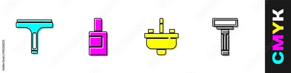 套装橡胶清洁剂、清洁剂瓶、带水龙头的洗手盆和剃须刀图标。面纱