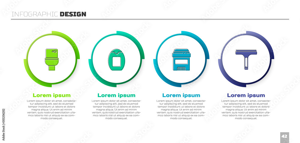 Set Toilet bowl, Bottle of shampoo, Antiperspirant deodorant roll and Rubber cleaner. Business infog