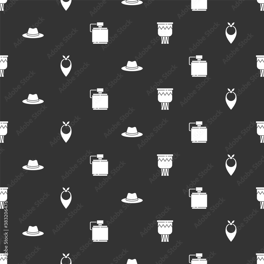 Set Drum, Cowboy bandana, Western cowboy hat and Canteen water bottle on seamless pattern. Vector.