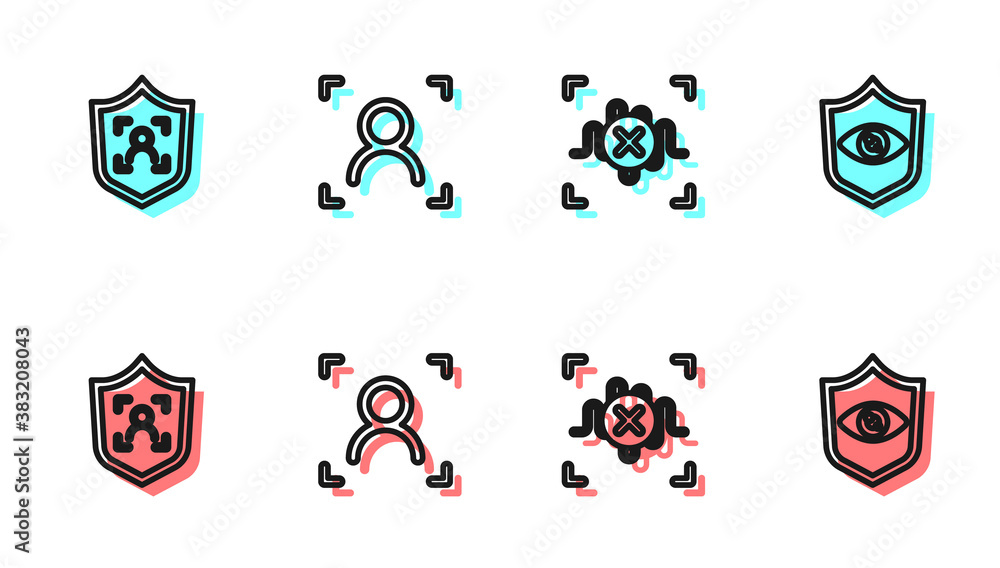 Set line Rejection voice recognition, Shield face, Face and eye scan icon. Vector.