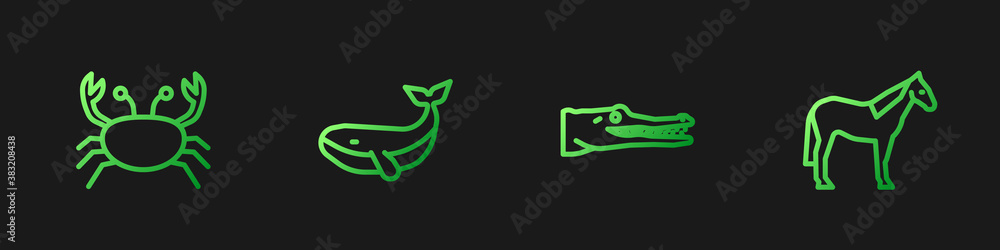 Set line Crocodile, Crab, Whale and Horse. Gradient color icons. Vector.