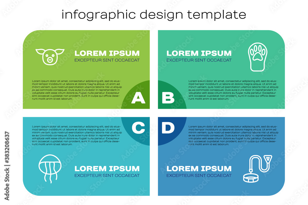 Set line Jellyfish, Pig, Collar with name tag and Paw print. Business infographic template. Vector.