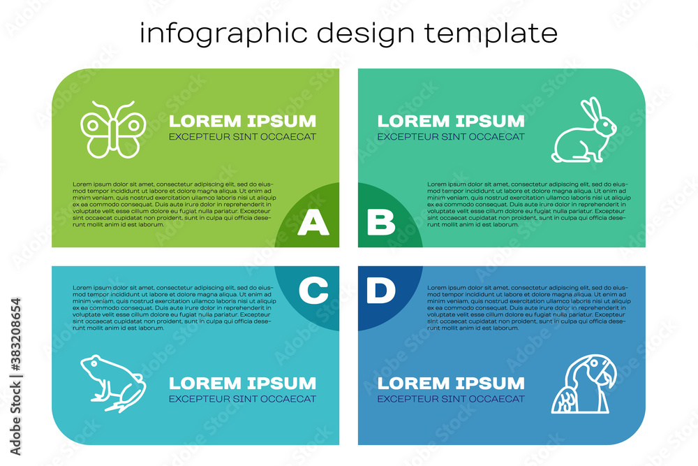 Set line Frog, Butterfly, Macaw parrot and Rabbit. Business infographic template. Vector.