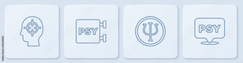 Set line Finding a problem, Psychology, Psi, and . White square button. Vector illustration