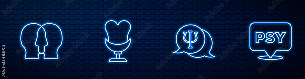 Set line Psychology, Psi, Bipolar disorder, Armchair and . Glowing neon icon on brick wall. Vector.