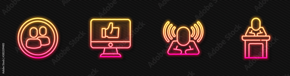 Set line Head hunting, Project team base, Hand like and Speaker. Glowing neon icon. Vector.