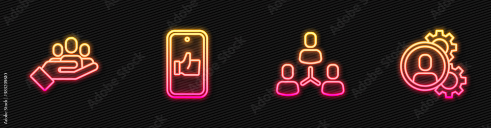 Set line Project team base, Hand for search people, like and Head hunting. Glowing neon icon. Vector