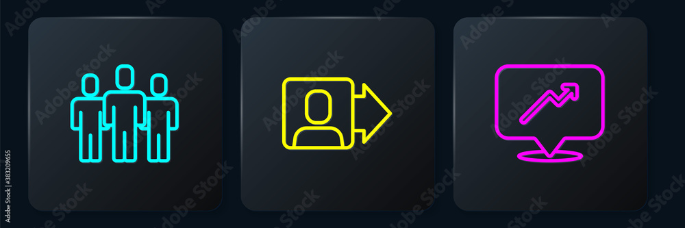 Set line Users group, Graph, schedule, chart and Team leader. Black square button. Vector.