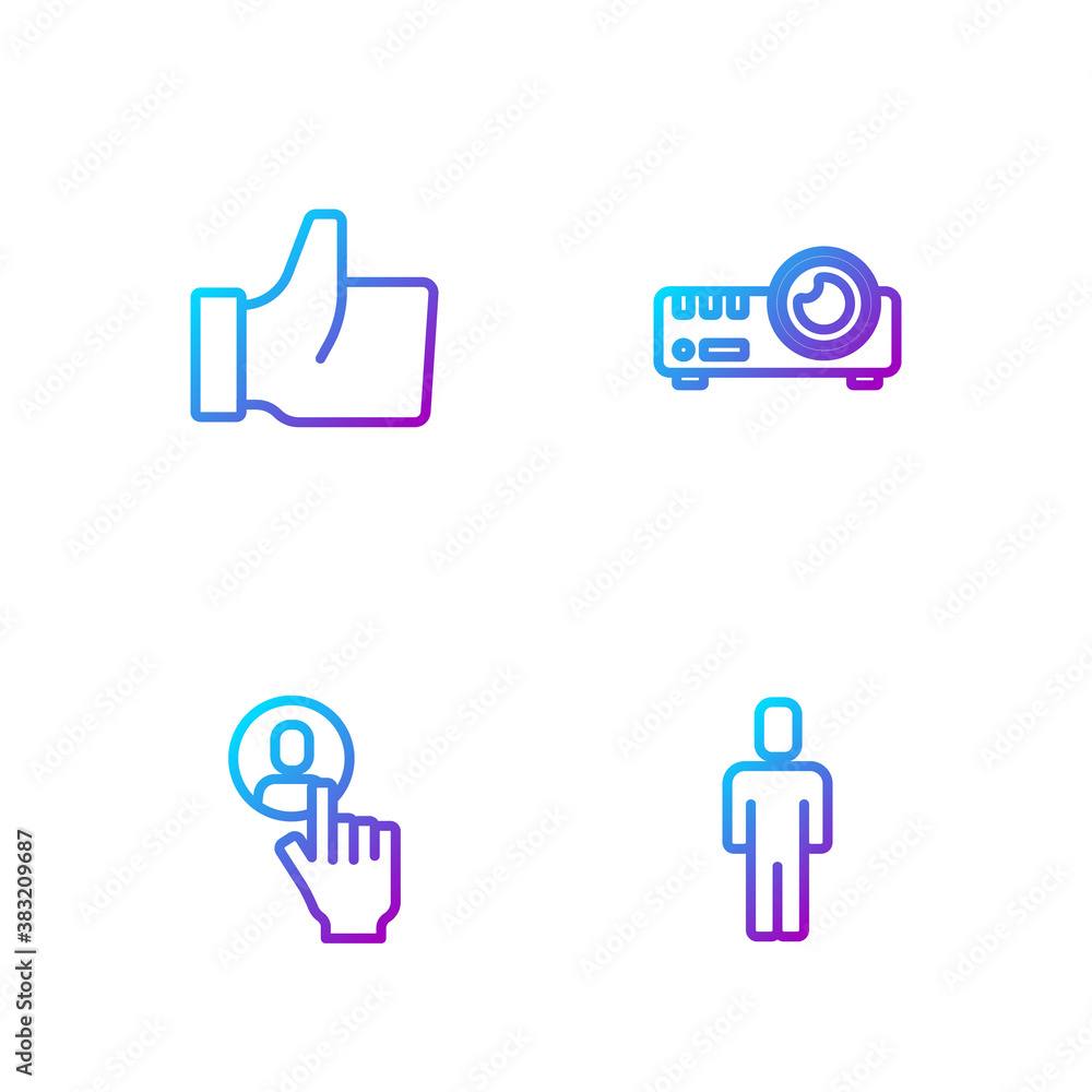 Set line Head hunting, , Hand like and Media projector. Gradient color icons. Vector.