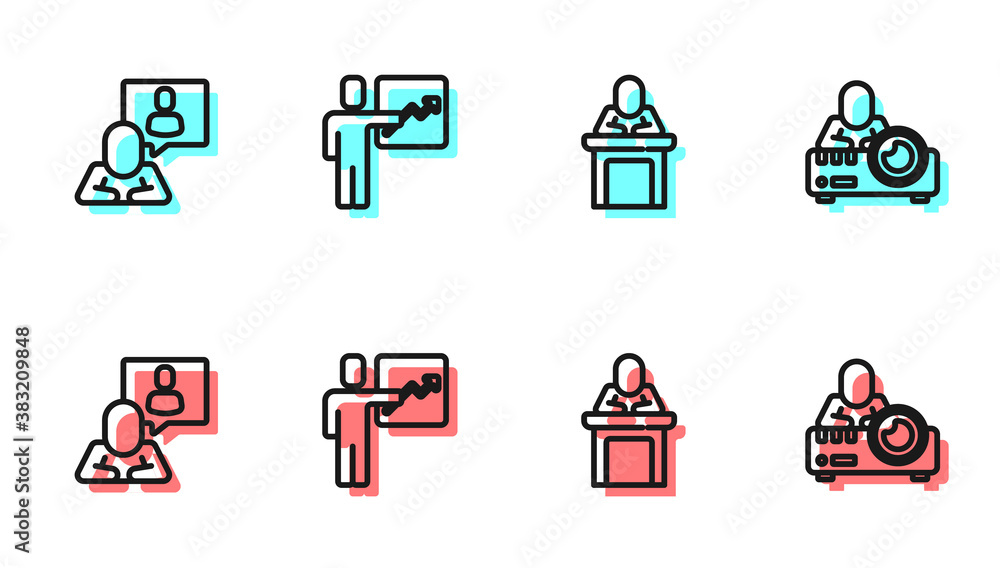 Set line Speaker, Head hunting, Team leader and Media projector icon. Vector.