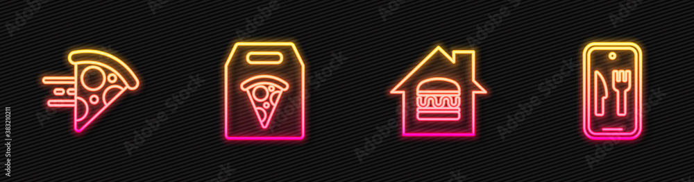 Set line Online ordering and delivery, pizza, and . Glowing neon icon. Vector.