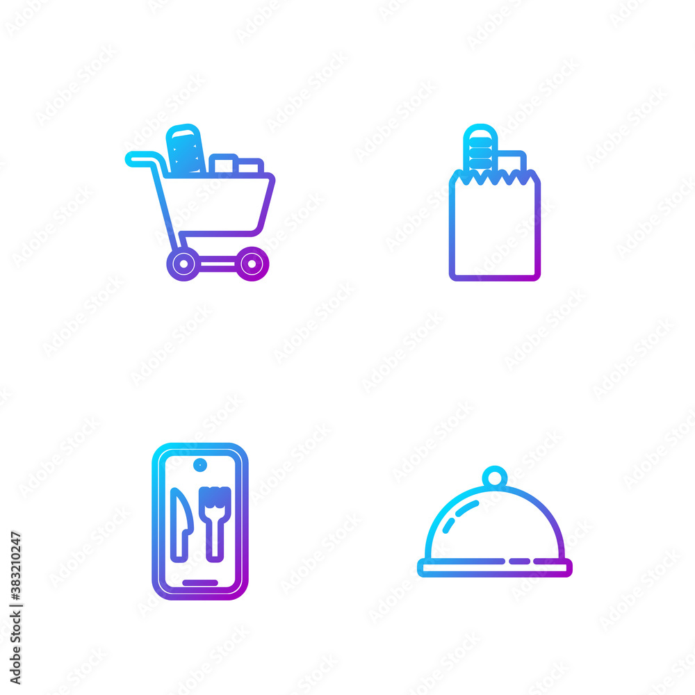 Set line Covered with a tray of food, Online ordering and delivery, Shopping cart and . Gradient col