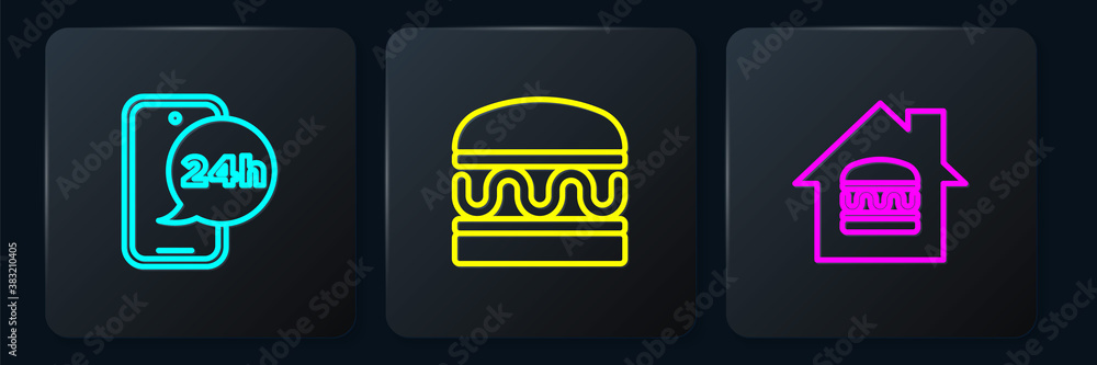 Set line Food ordering, Online and delivery and Burger. Black square button. Vector.