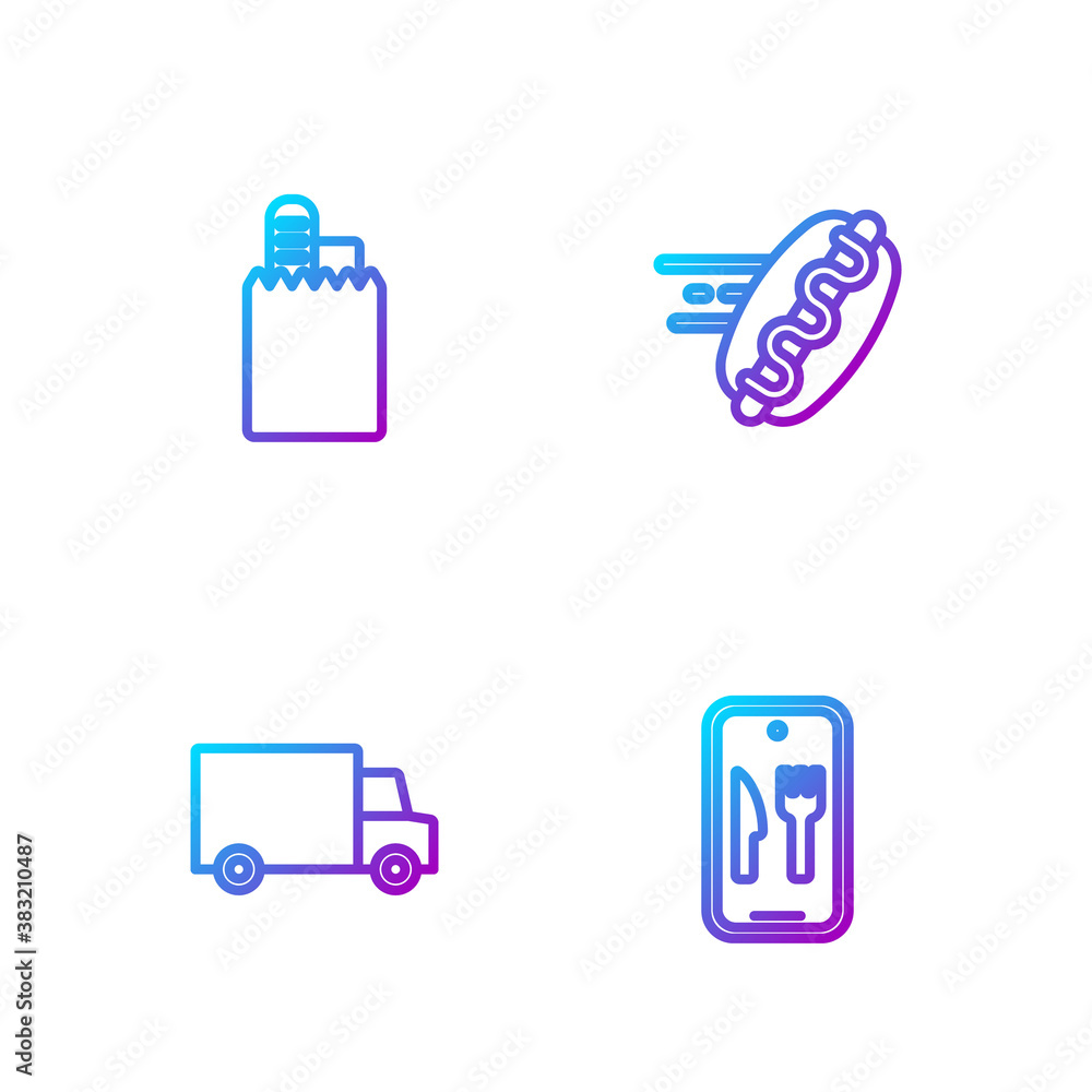 Set line Online ordering and delivery, Fast by car, and hotdog. Gradient color icons. Vector.