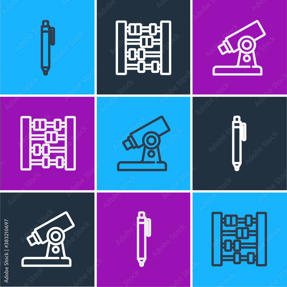 Set line Pen, Microscope and Abacus icon. Vector.