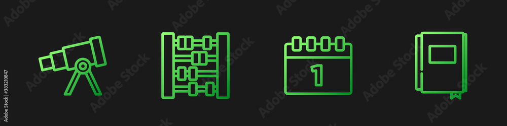 Set line Calendar first september date, Telescope, Abacus and Book. Gradient color icons. Vector.