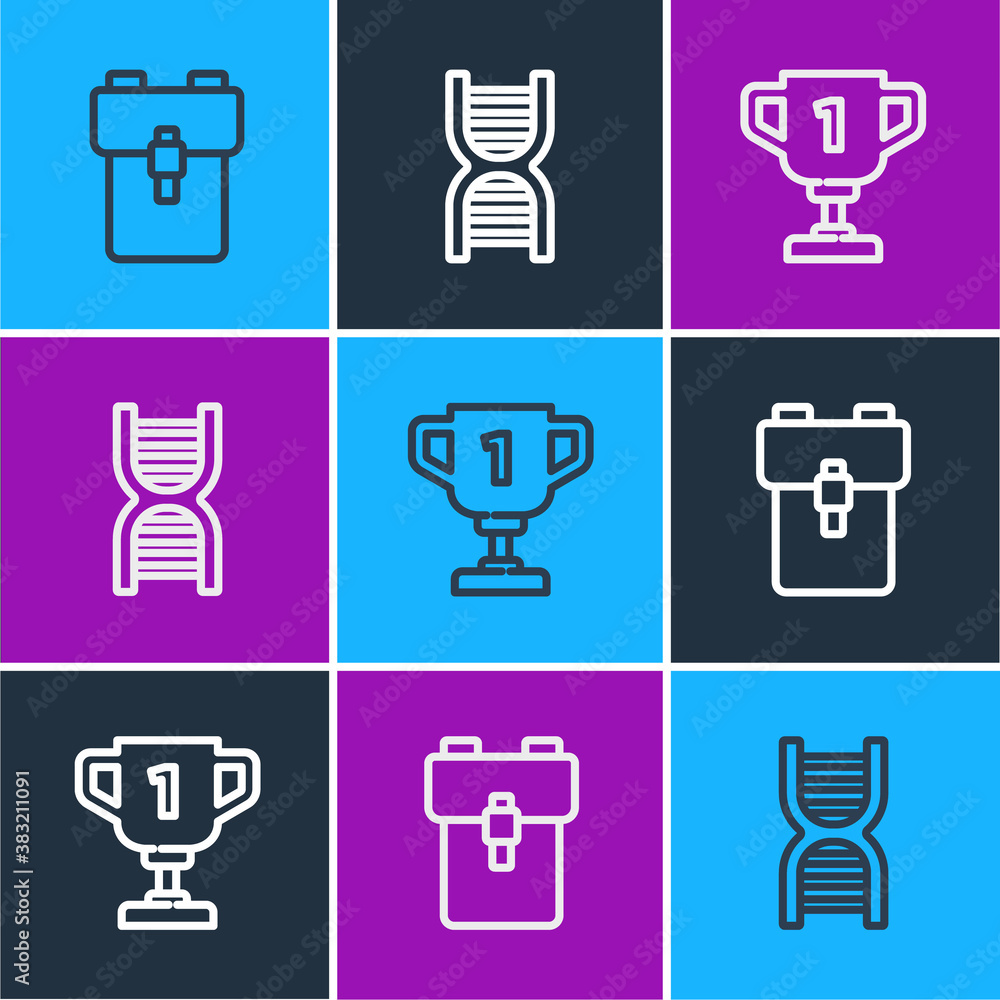 Set line School backpack, Award cup and DNA symbol icon. Vector.