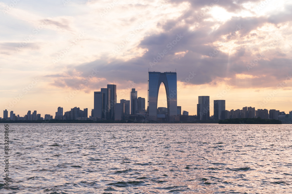 City buildings by Jinji Lake in Suzhou, China.