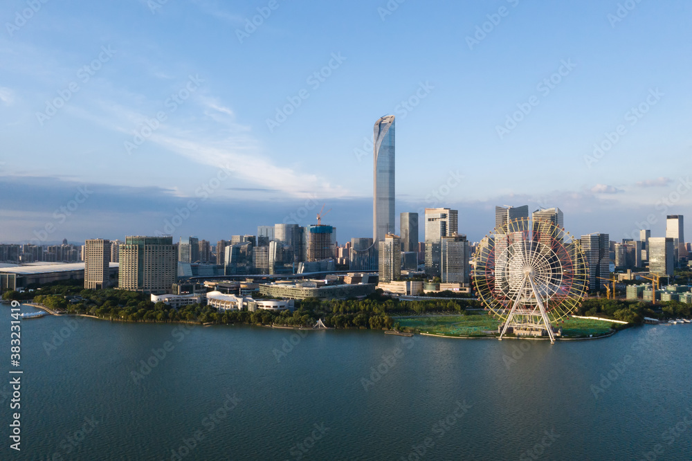 City buildings by Jinji Lake in Suzhou, China.