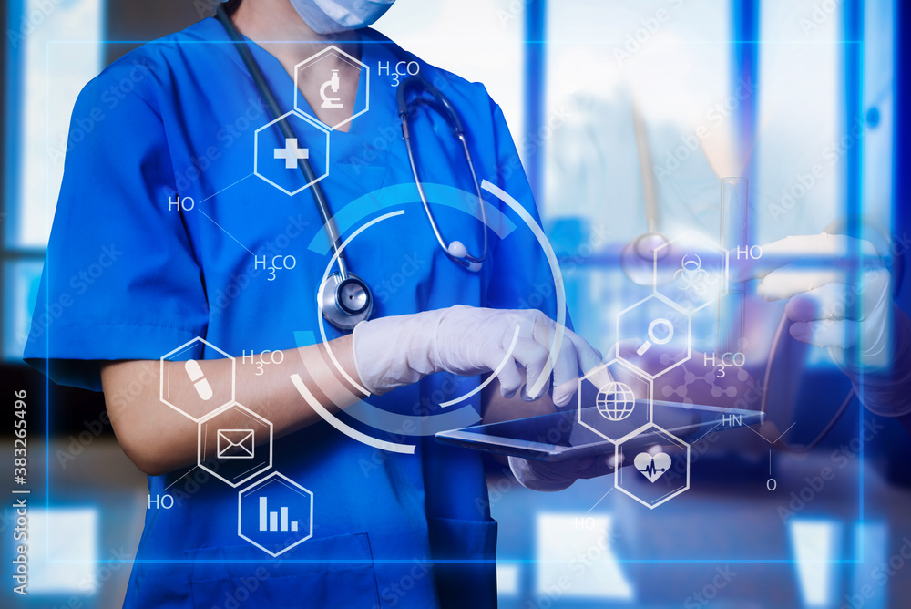 Medicine doctor and stethoscope using tablet with icon medical network connection on virtual Modern 