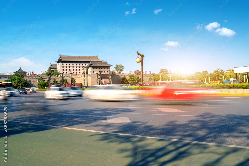 Xian city wall and urban landscape, Shaanxi, China.