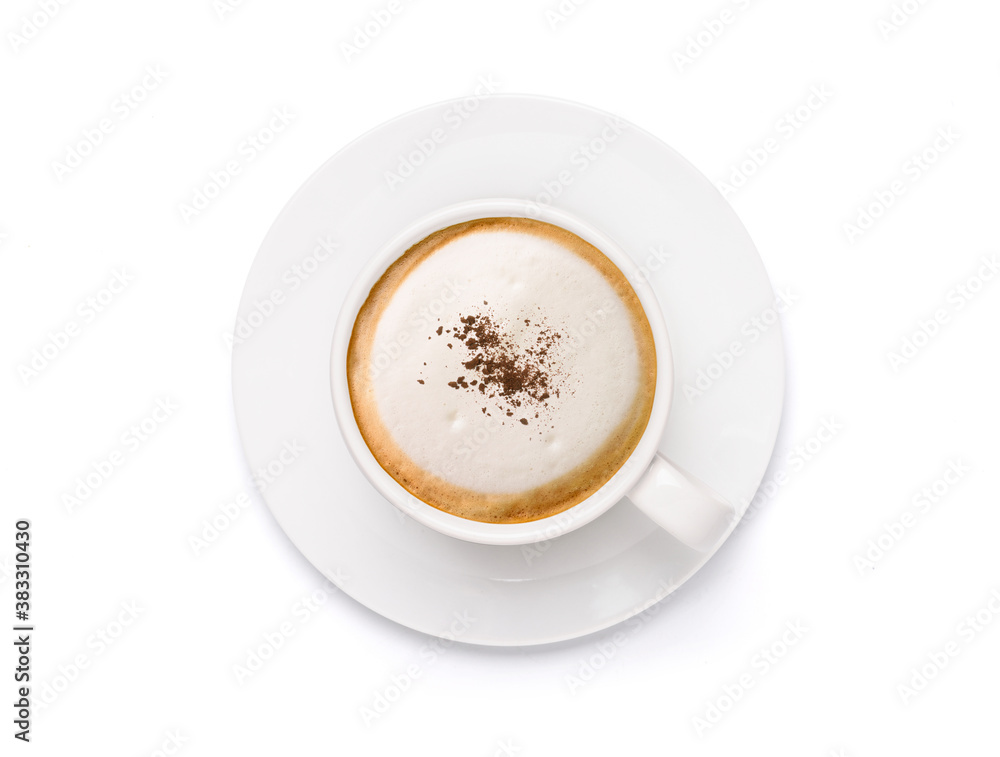 Top view White cup of Cappuccino Latte coffee topped with cocoa powder,  isolated on white backgroun