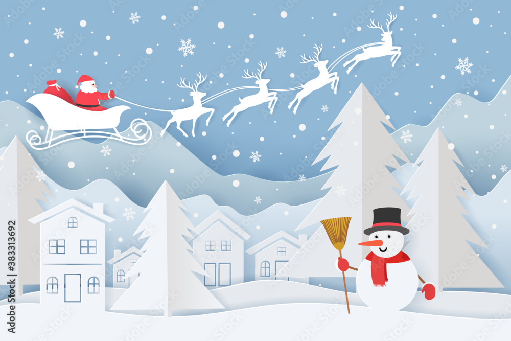 Vector Christmas card. Happy new year greeting card, Houses and Snow with Santa driving his sleigh i